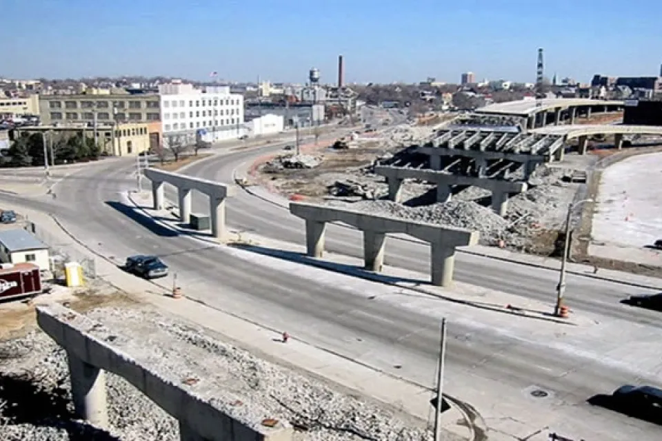 Elevated freeway being demolished in Milwaukee, Wisconsin.
